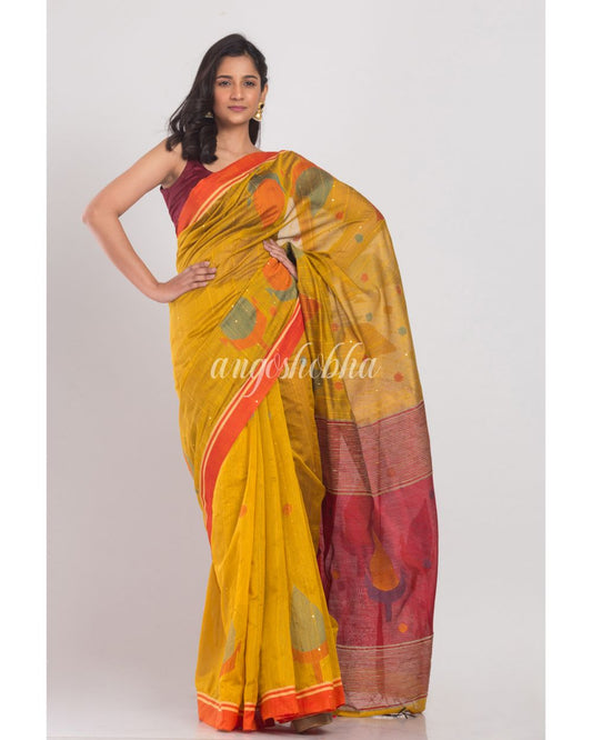 Yellow Blended Cotton  Silk Jamdani Saree angoshobha