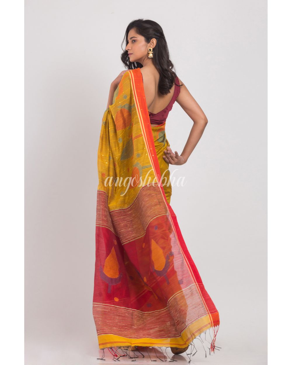 Yellow Blended Cotton  Silk Jamdani Saree angoshobha