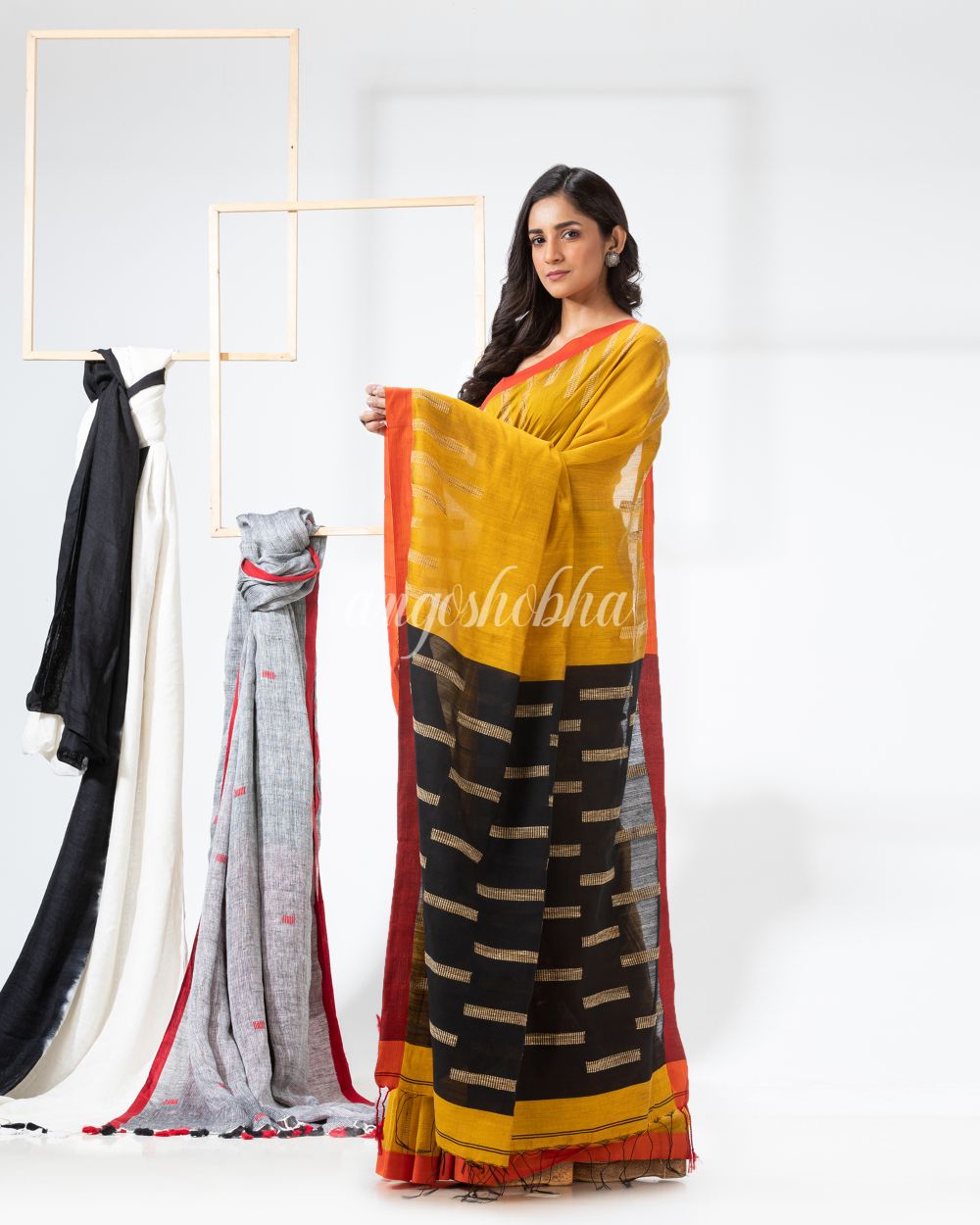 Yellow Cotton Blend Festive Jamdani Saree angoshobha