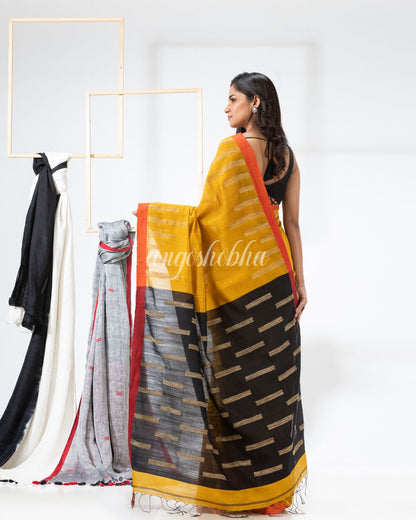 Yellow Cotton Blend Festive Jamdani Saree angoshobha