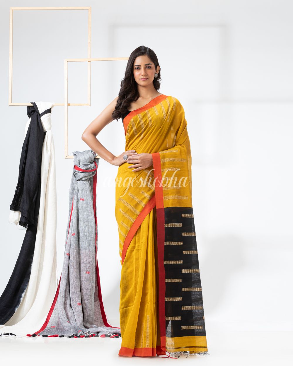 Yellow Cotton Blend Festive Jamdani Saree angoshobha