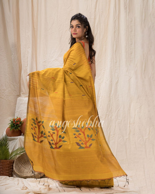 Yellow Cotton Blend Traditional Jamdani Saree angoshobha