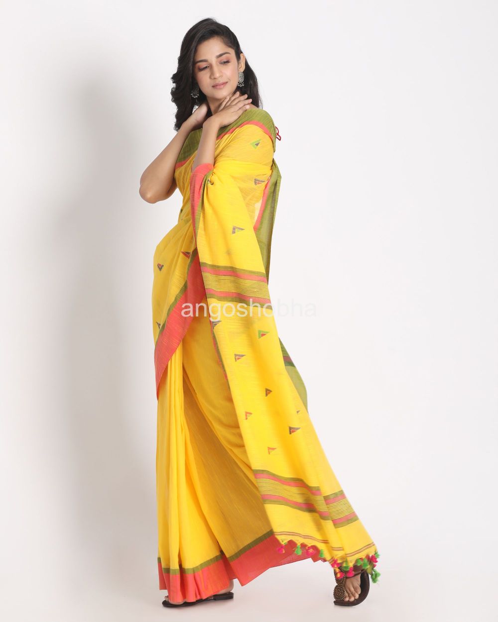 Yellow Cotton Handloom Saree angoshobha