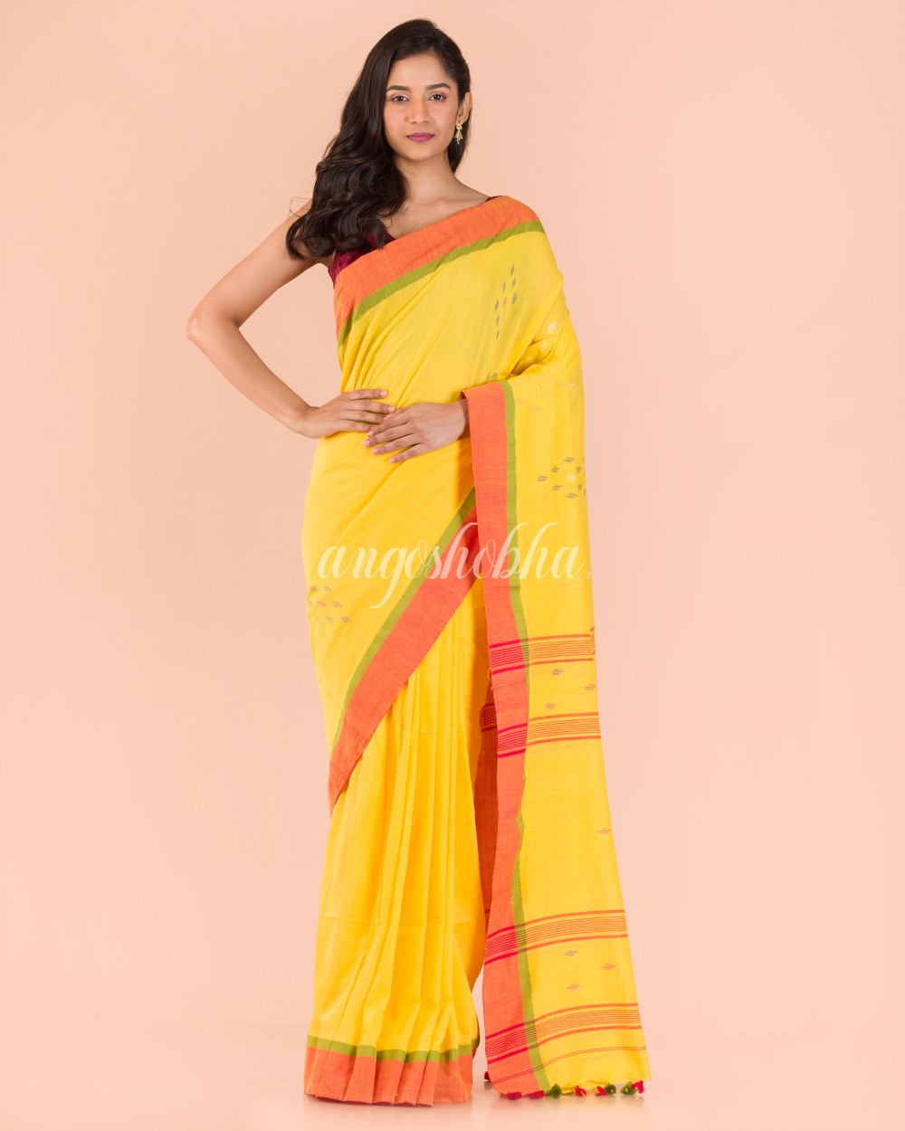 Yellow Cotton Jamdani Saree angoshobha