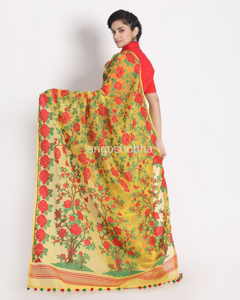 Yellow Cotton Silk Jamdani Saree angoshobha