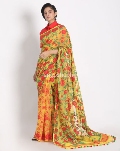 Yellow Cotton Silk Jamdani Saree angoshobha