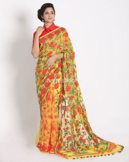 Yellow Cotton Silk Jamdani Saree angoshobha