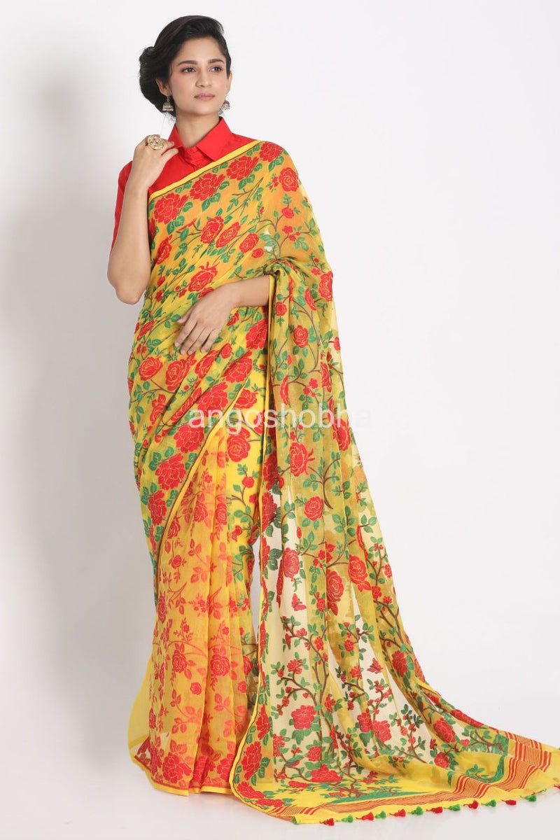 Yellow Cotton Silk Jamdani Saree