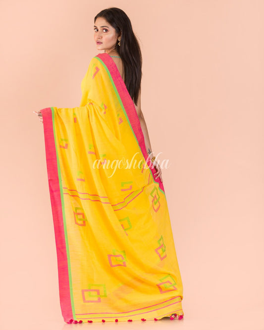 Yellow Cotton jamdani saree angoshobha