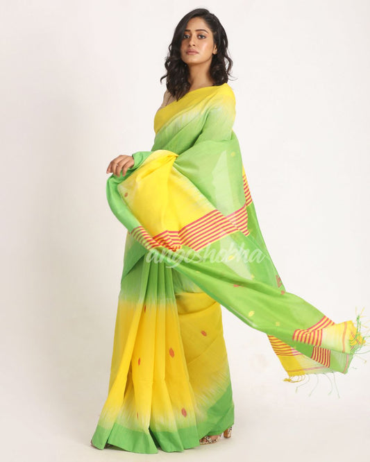 Yellow Green Cotton Blend Handloom Tie Dye Jamdani Saree angoshobha