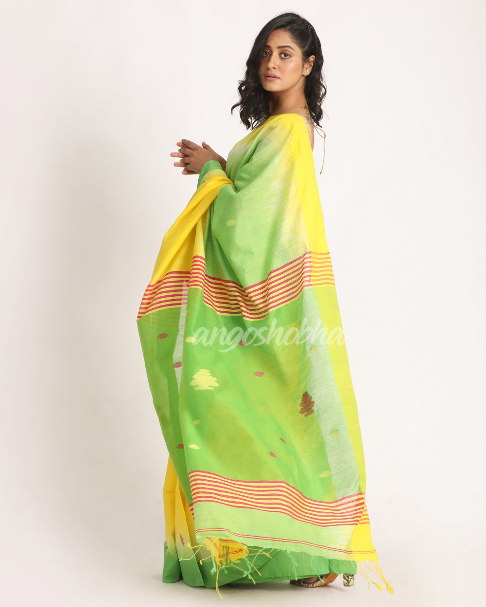 Yellow Green Cotton Blend Handloom Tie Dye Jamdani Saree angoshobha