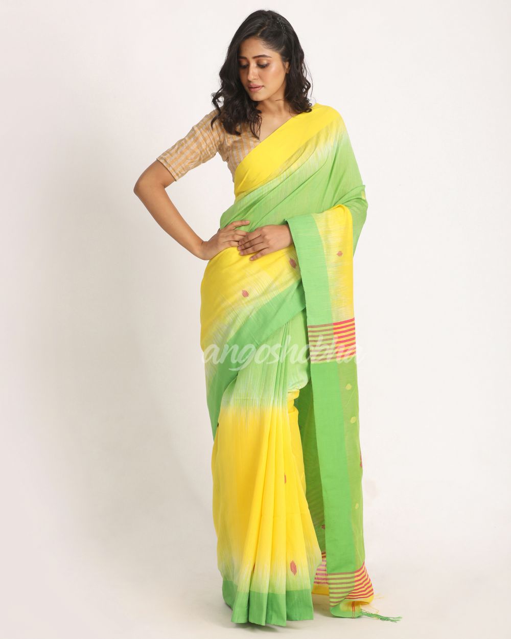 Yellow Green Cotton Blend Handloom Tie Dye Jamdani Saree angoshobha