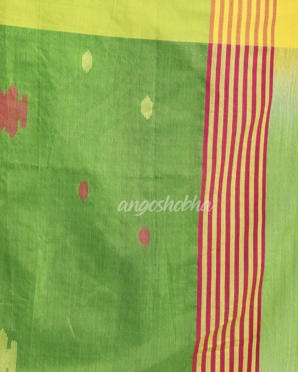 Yellow Green Cotton Blend Handloom Tie Dye Jamdani Saree angoshobha
