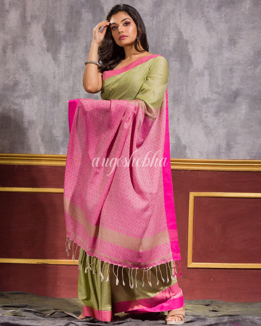 Yellow Green Handwoven Cotton Saree angoshobha