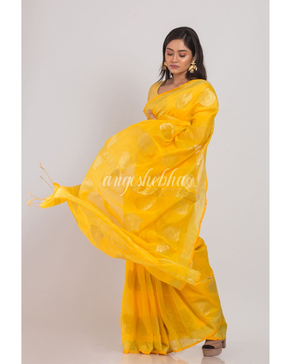 Yellow Handloom Blended Cotton Saree angoshobha