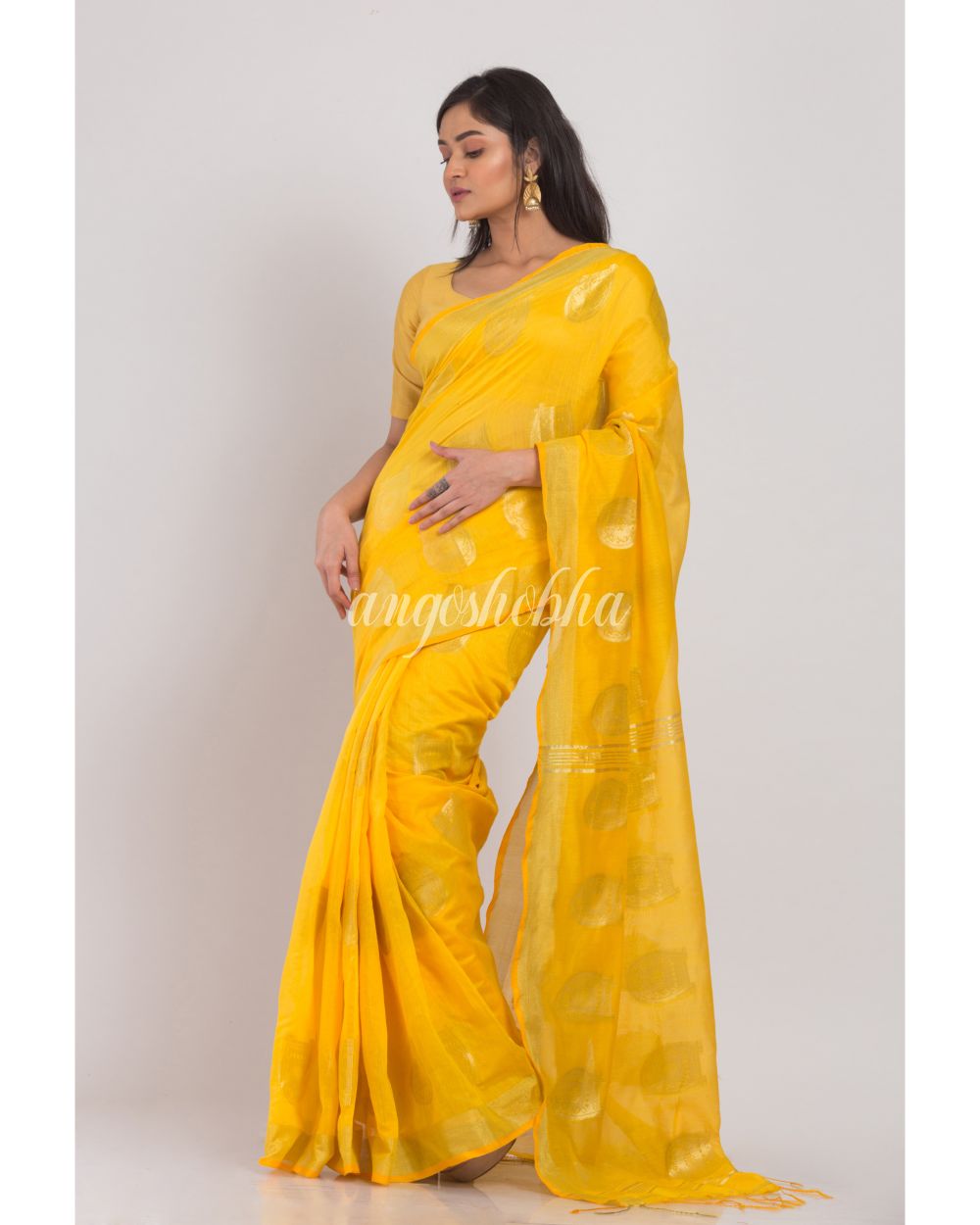 Yellow Handloom Blended Cotton Saree angoshobha