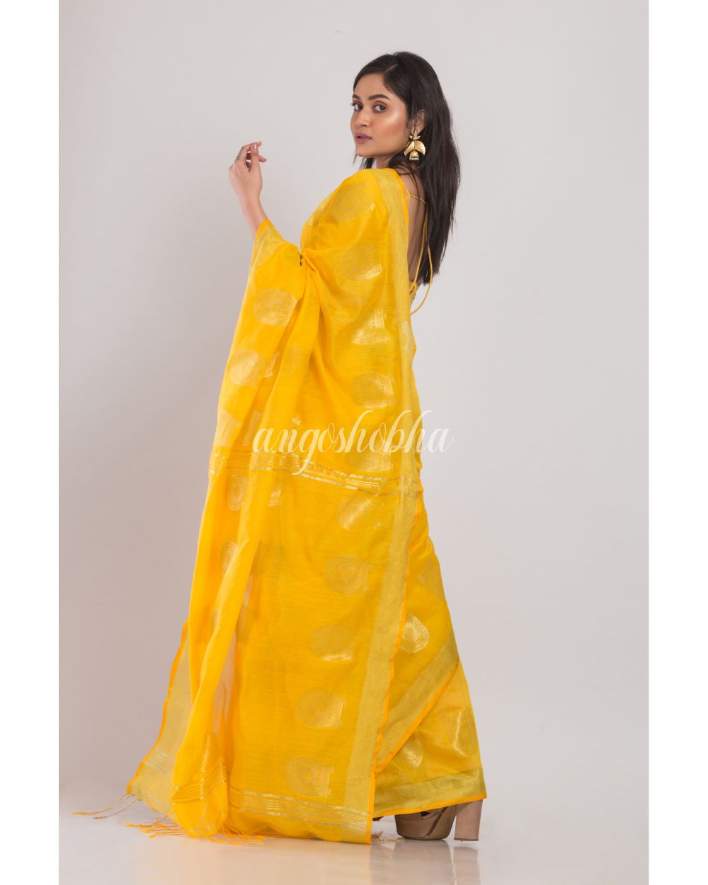 Yellow Handloom Blended Cotton Saree angoshobha