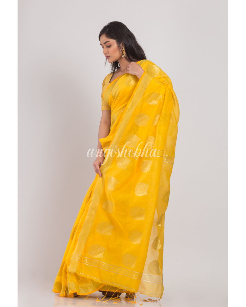 Yellow Handloom Blended Cotton Saree angoshobha