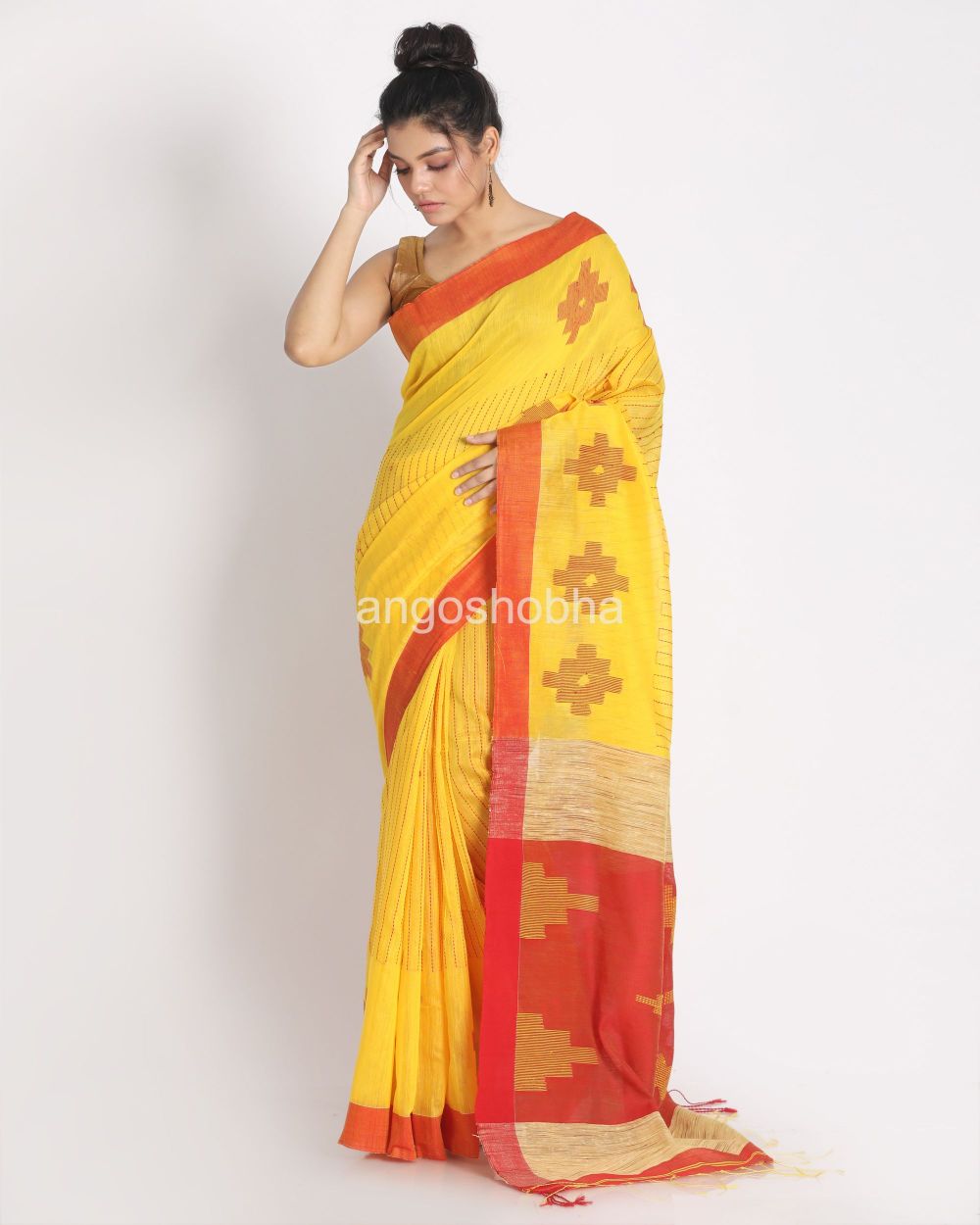 Yellow Handloom Cotton Blend Saree angoshobha