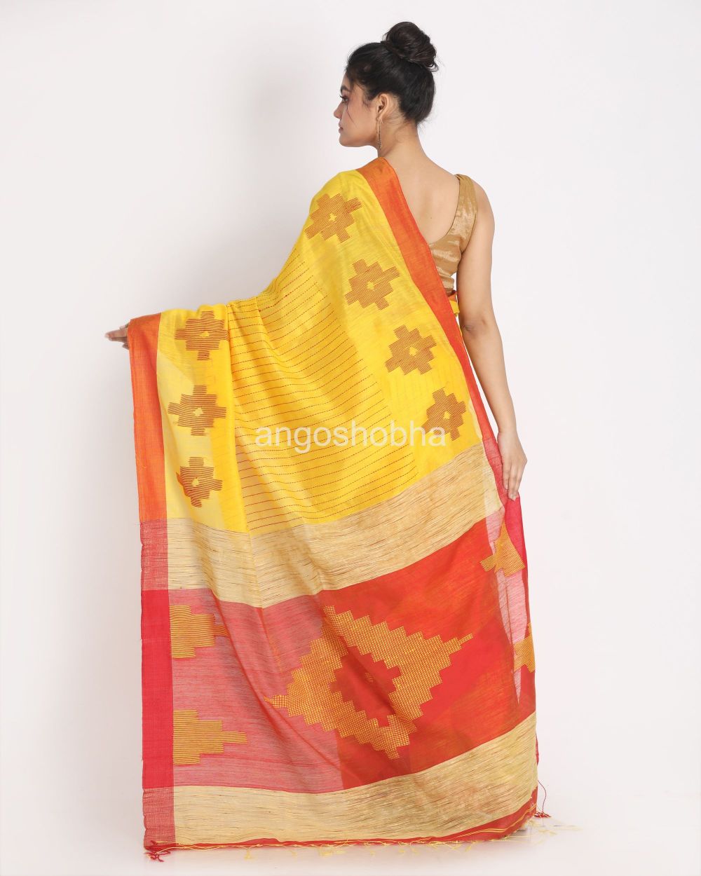 Yellow Handloom Cotton Blend Saree angoshobha