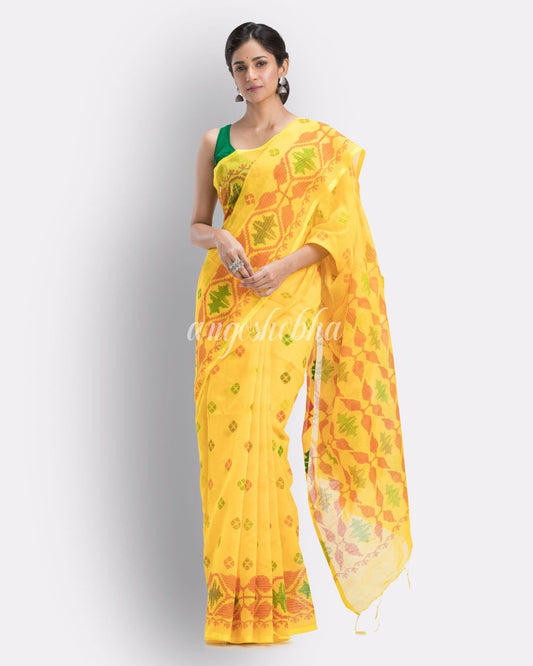 Yellow Handloom Printed Cotton blend Saree angoshobha