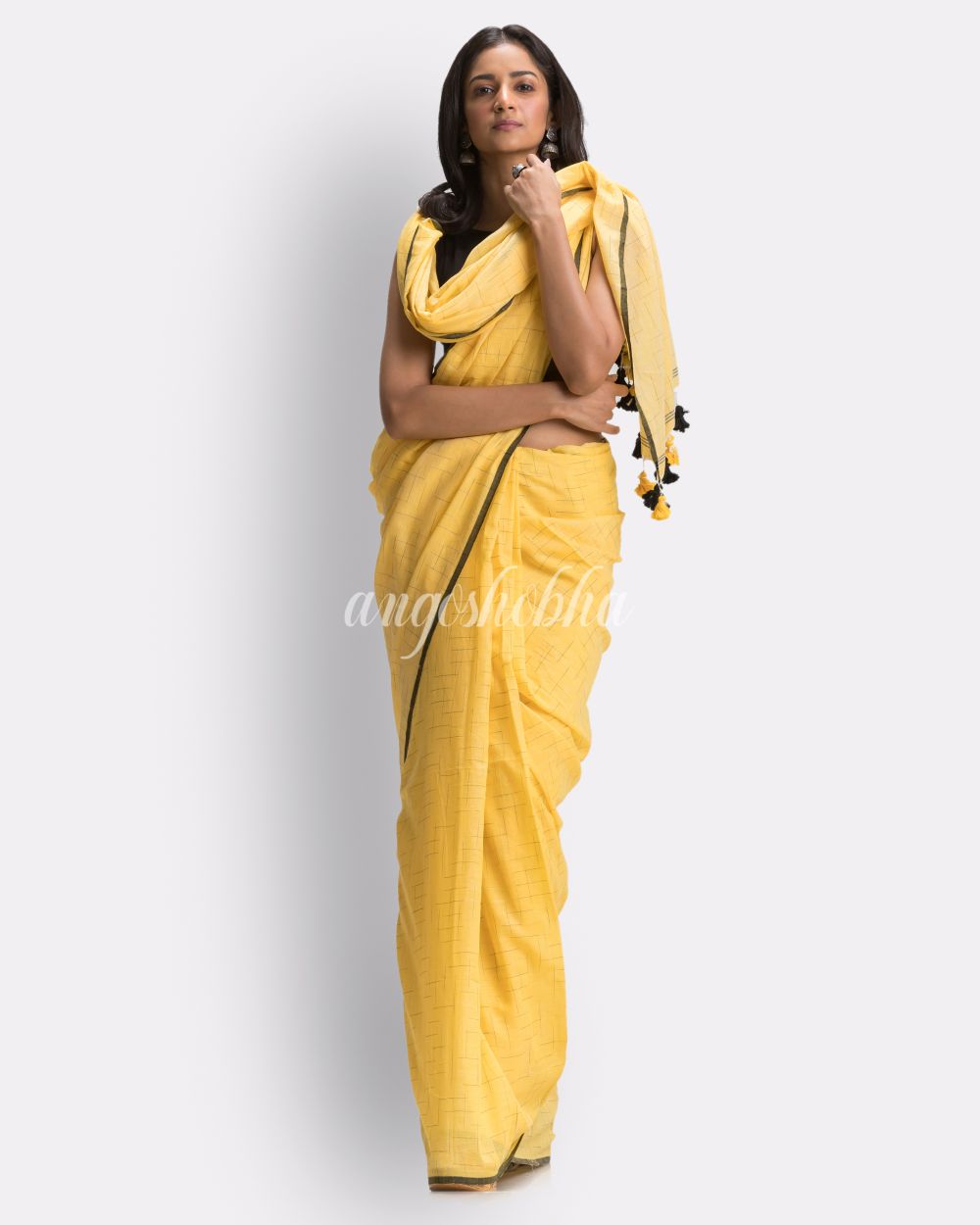 Yellow Handloom Traditional Molmol Cotton saree angoshobha