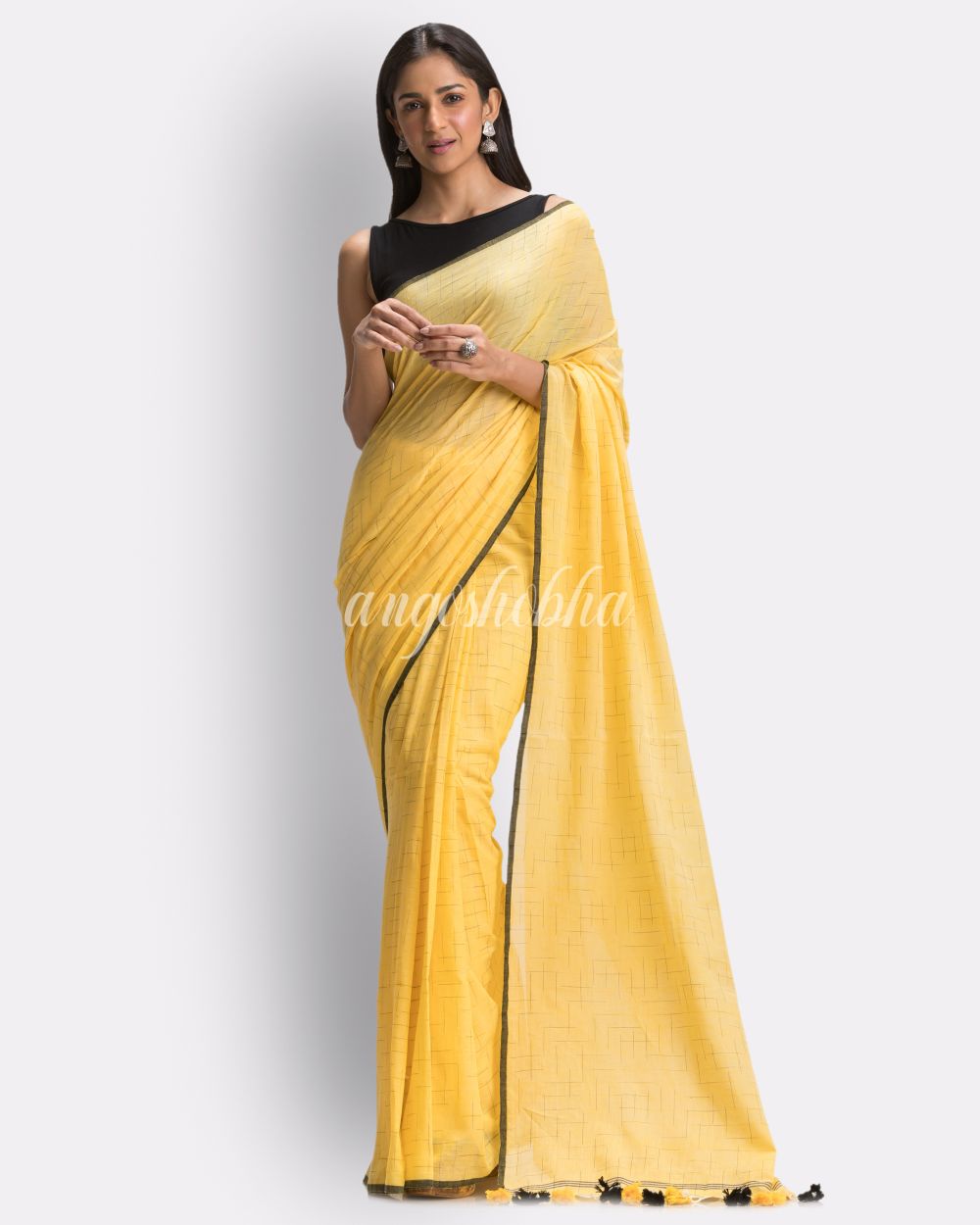 Yellow Handloom Traditional Molmol Cotton saree angoshobha