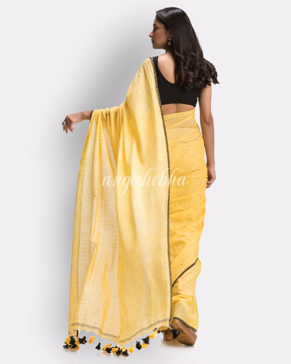 Yellow Handloom Traditional Molmol Cotton saree angoshobha