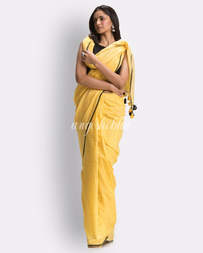 Yellow Handloom Traditional Molmol Cotton saree angoshobha