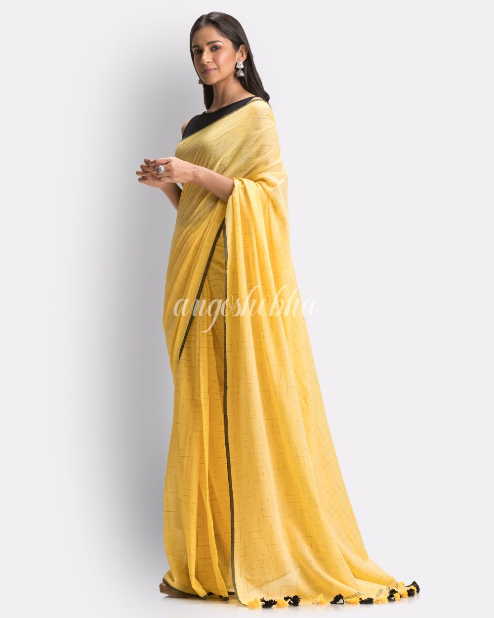 Yellow Handloom Traditional Molmol Cotton saree angoshobha