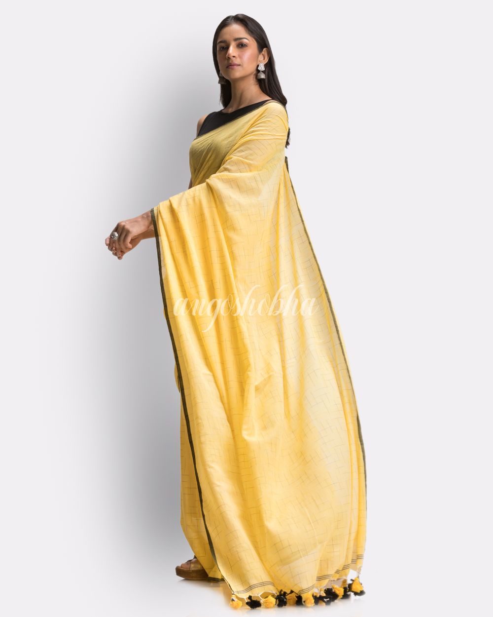 Yellow Handloom Traditional Molmol Cotton saree angoshobha