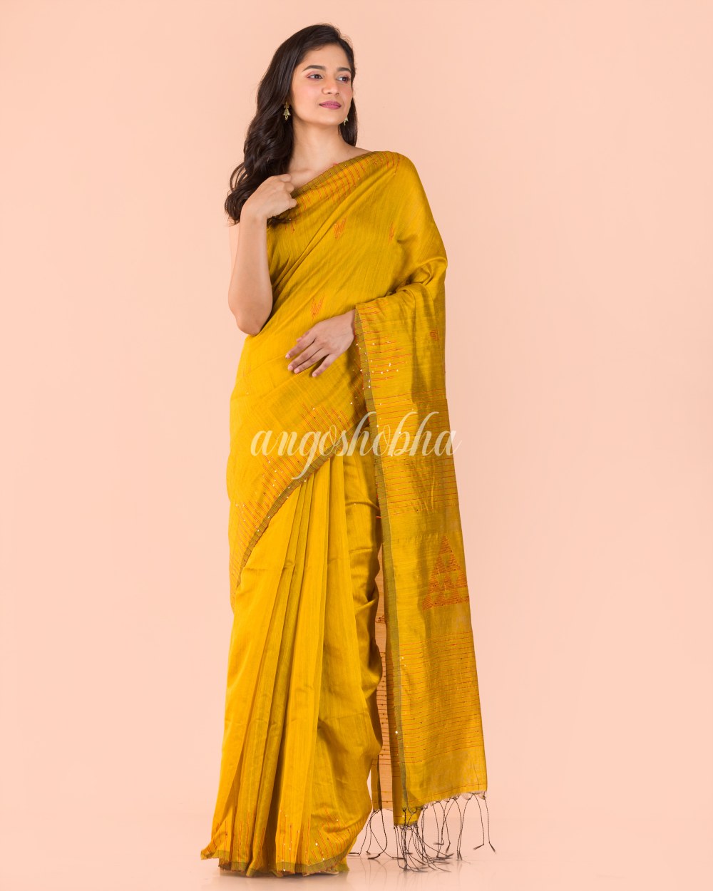 Yellow Handwoven Blended Cotton Saree angoshobha