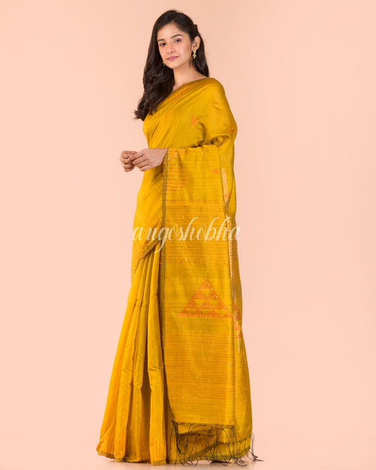 Yellow Handwoven Blended Cotton Saree angoshobha