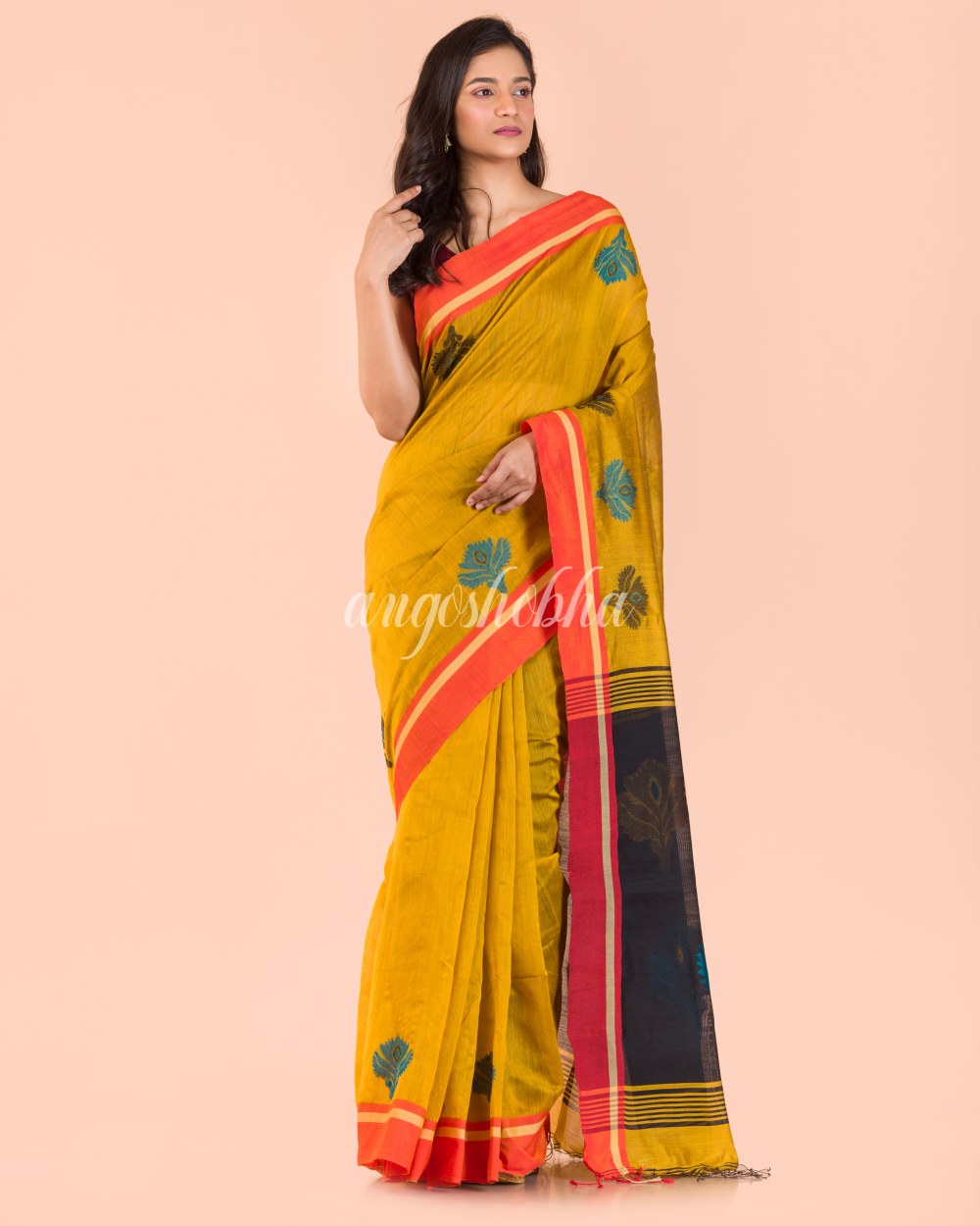 Yellow Handwoven Blended Cotton Saree angoshobha