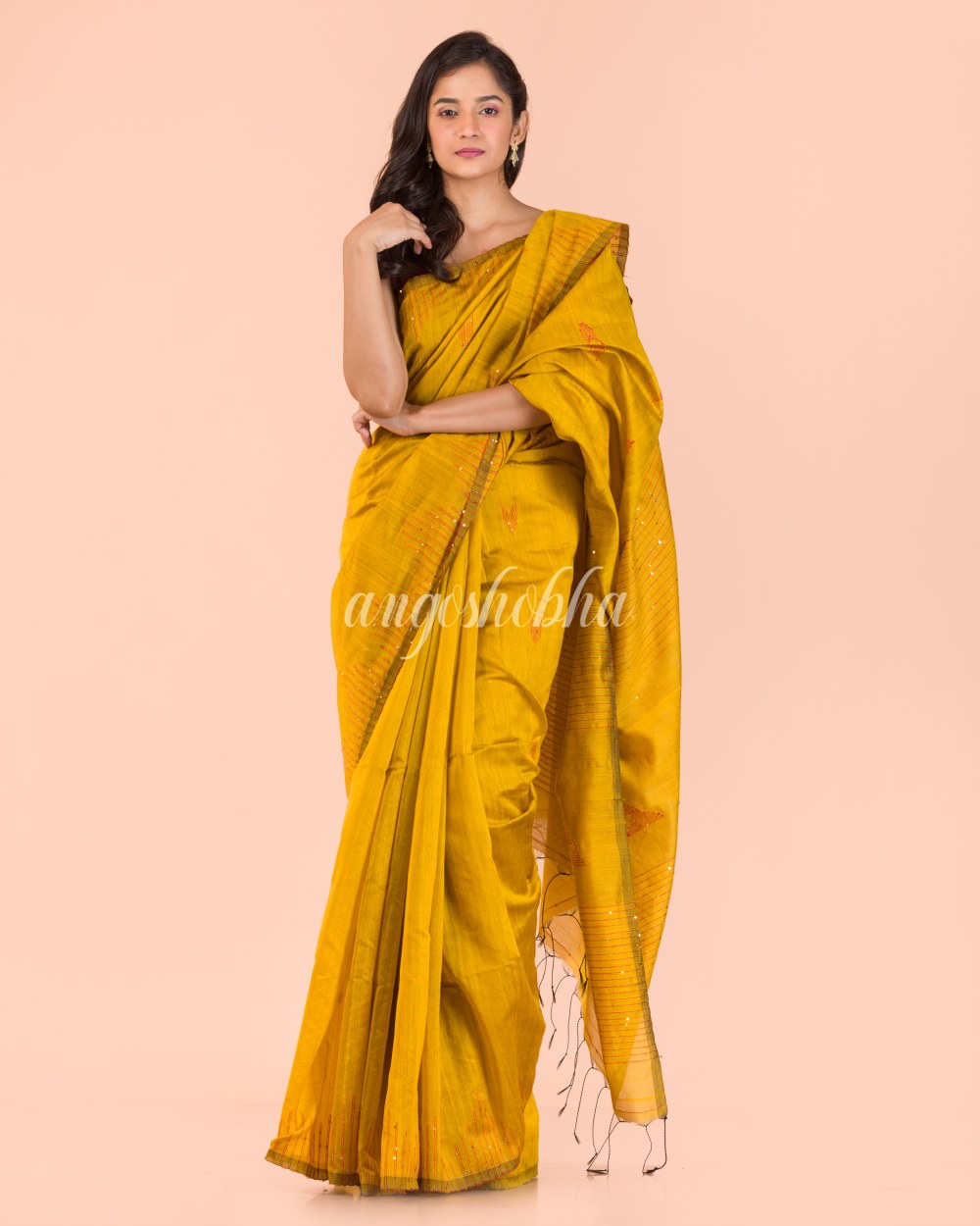 Yellow Handwoven Blended Cotton Saree angoshobha
