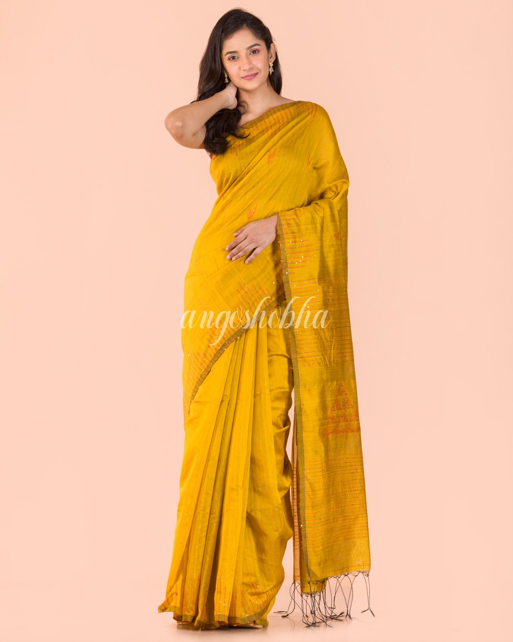 Yellow Handwoven Blended Cotton Saree angoshobha