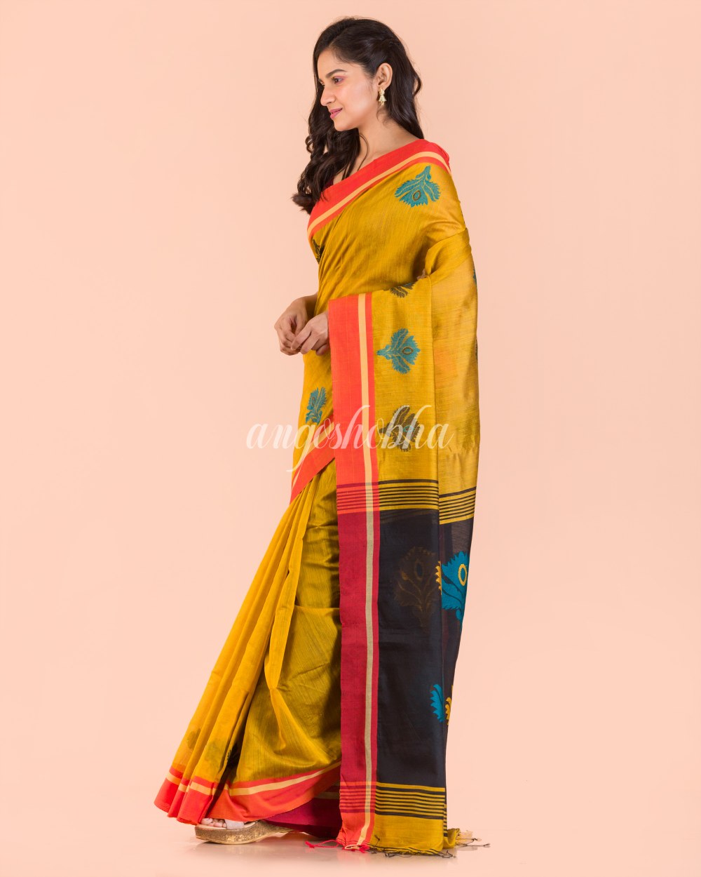Yellow Handwoven Blended Cotton Saree angoshobha