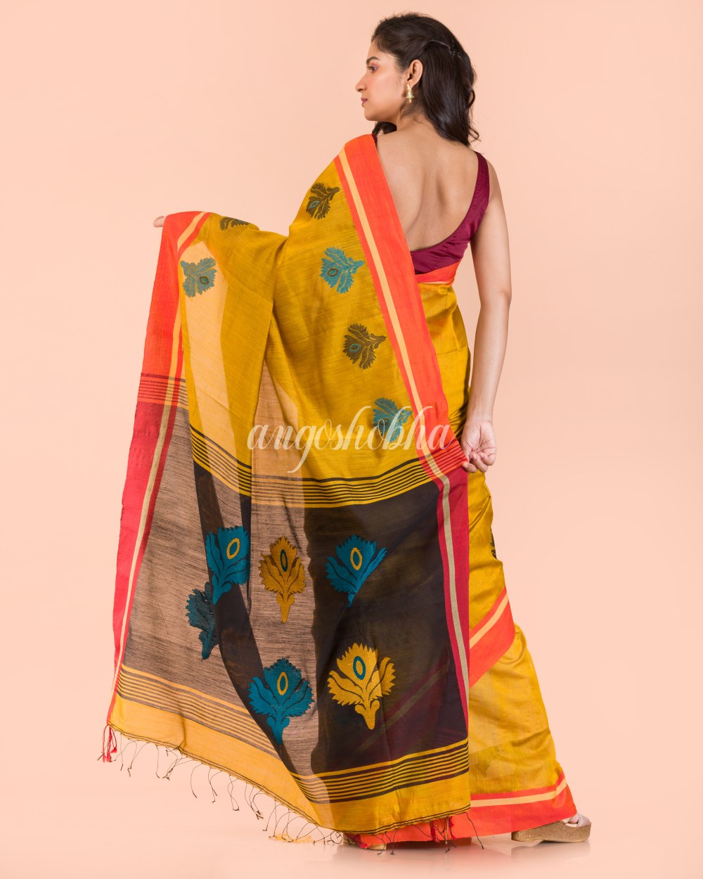 Yellow Handwoven Blended Cotton Saree angoshobha