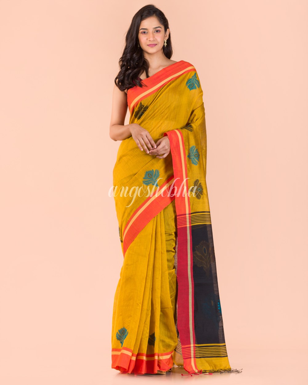 Yellow Handwoven Blended Cotton Saree angoshobha