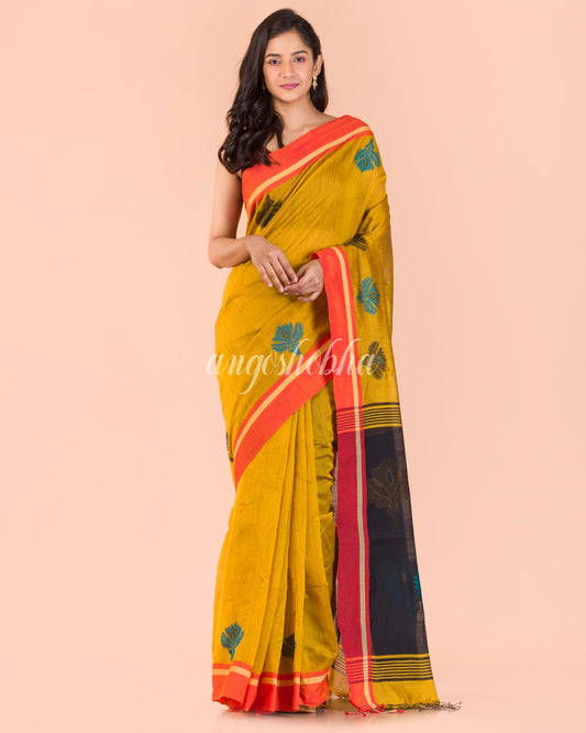 Yellow Handwoven Blended Cotton Saree angoshobha