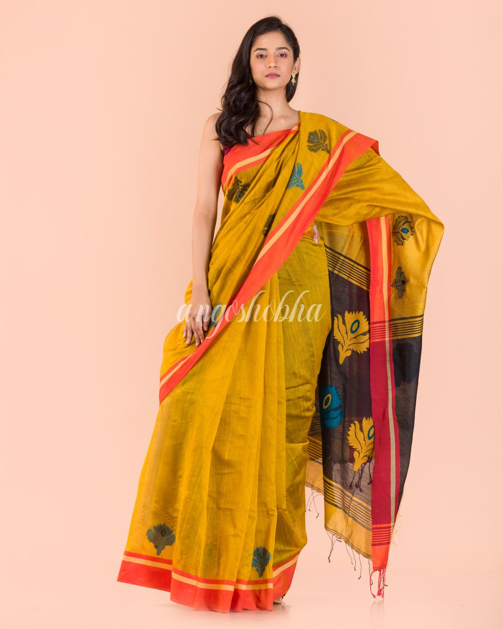 Yellow Handwoven Blended Cotton Saree angoshobha