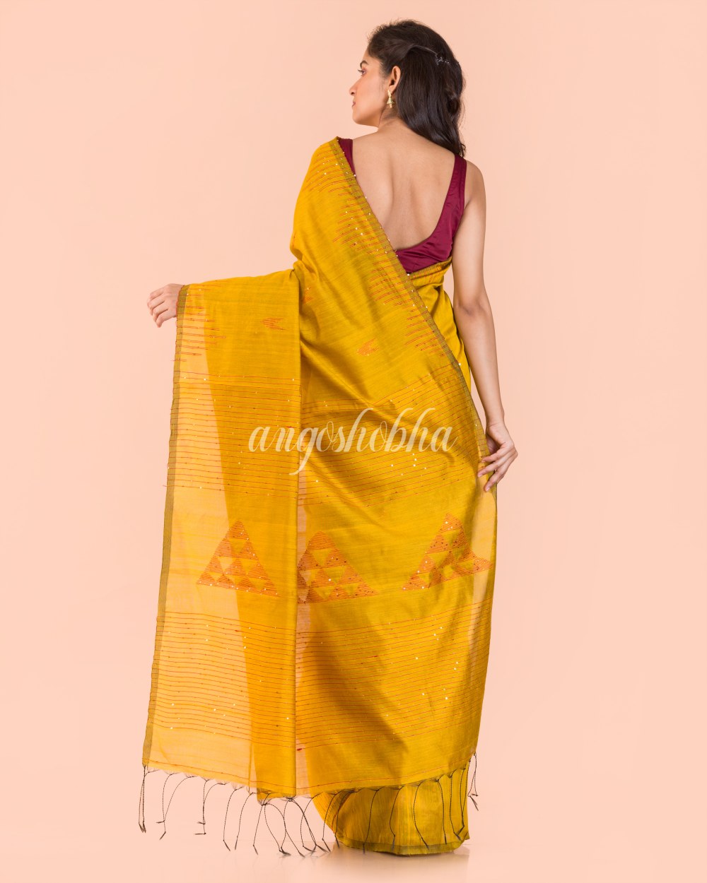 Yellow Handwoven Blended Cotton Saree angoshobha