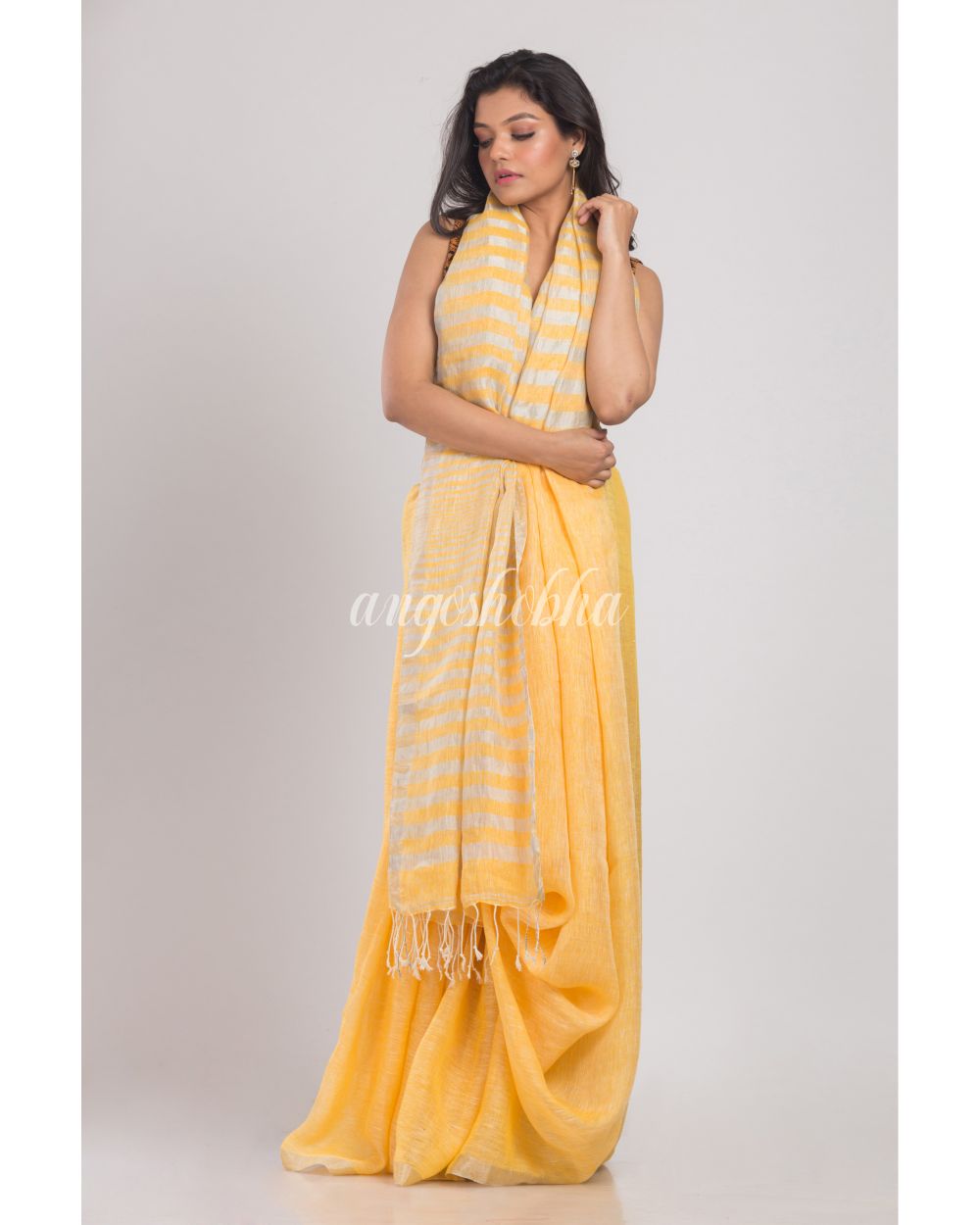 Yellow Handwoven Linen Saree angoshobha