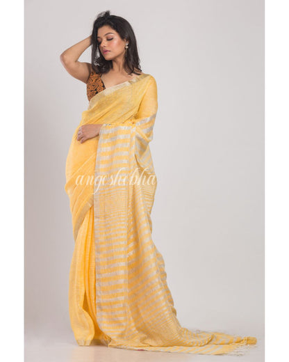 Yellow Handwoven Linen Saree angoshobha