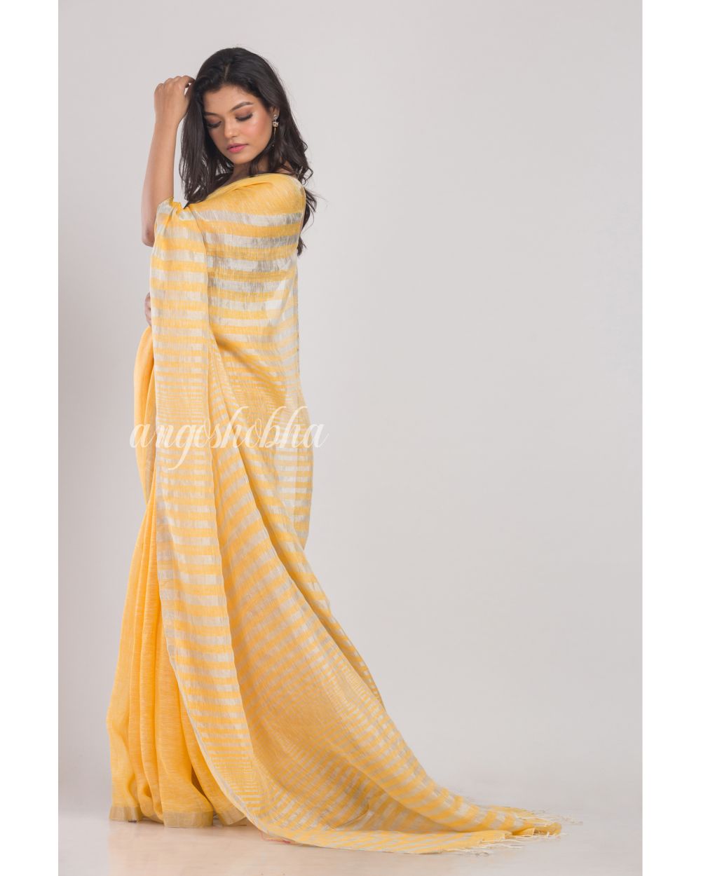 Yellow Handwoven Linen Saree angoshobha