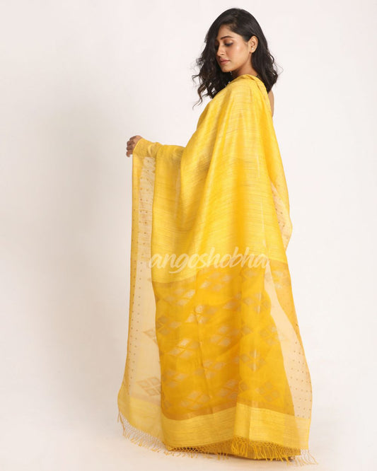 Yellow Matka Silk Handloom Traditional Jamdani Saree angoshobha