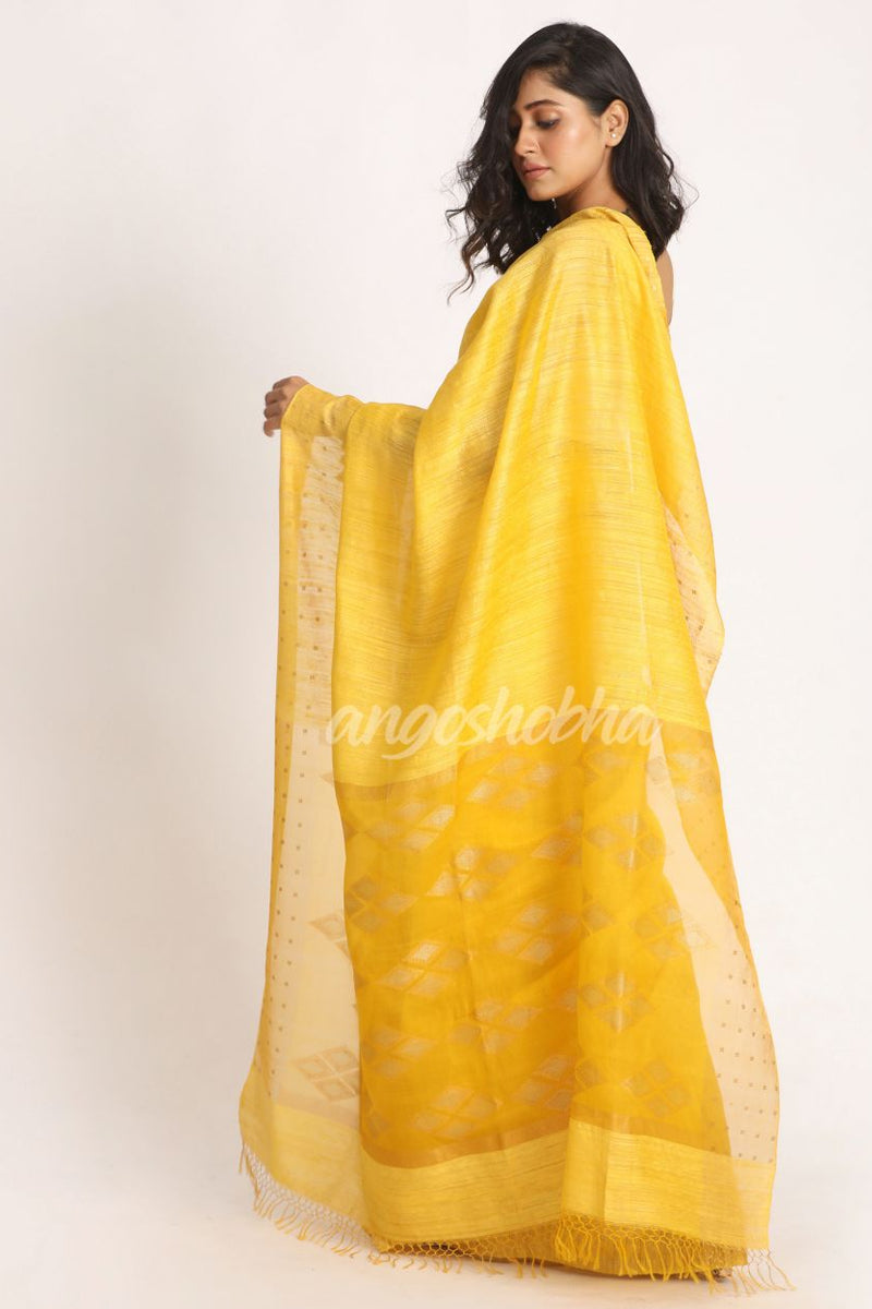 Yellow Matka Silk Handloom Traditional Jamdani Saree