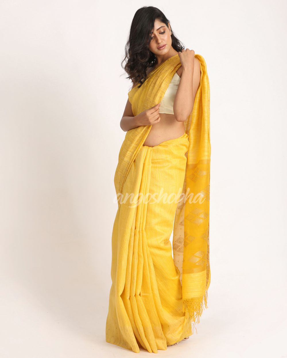 Yellow Matka Silk Handloom Traditional Jamdani Saree angoshobha