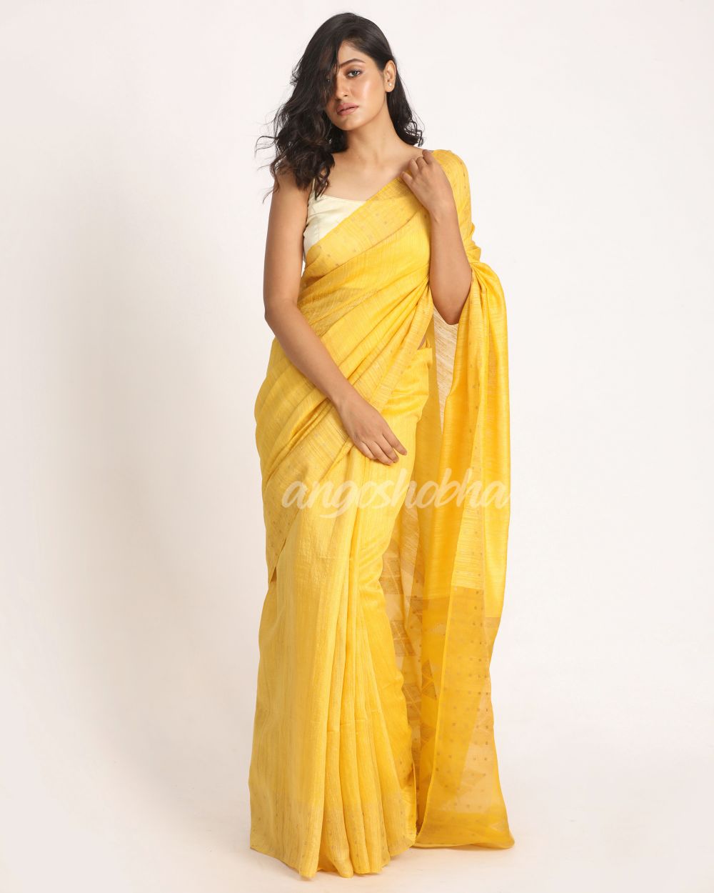 Yellow Matka Silk Handloom Traditional Jamdani Saree angoshobha