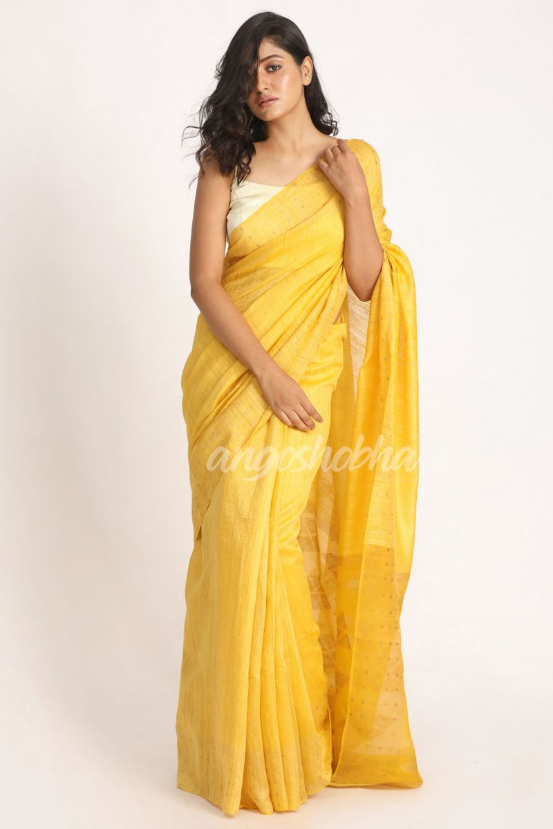 Yellow Matka Silk Handloom Traditional Jamdani Saree